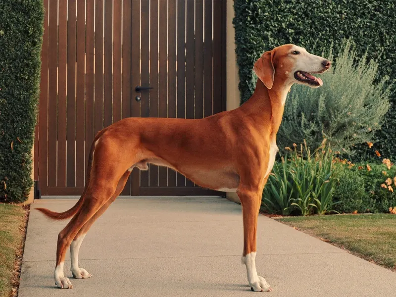Saluki, a red adult standing beside a closed wooden garden gate