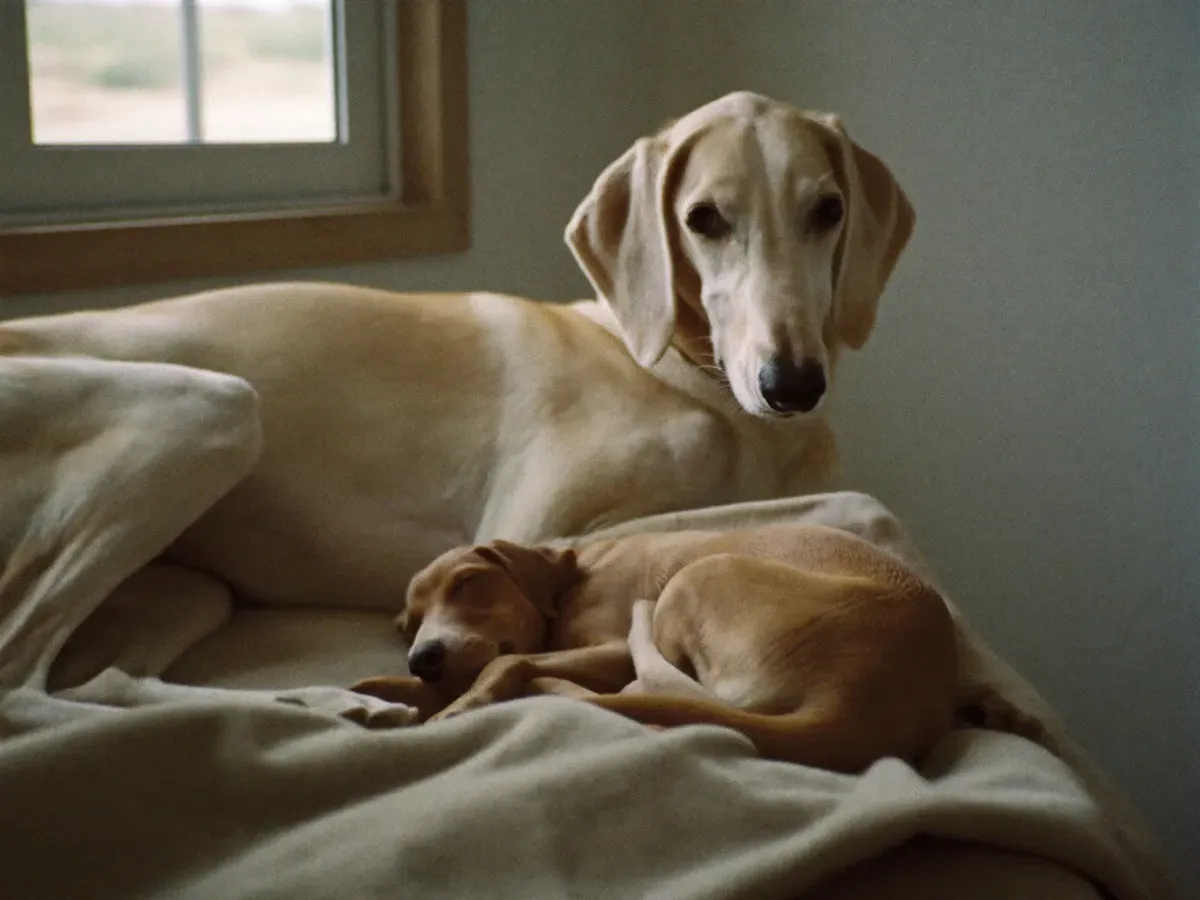 Saluki, a cream mother watching over a sleeping puppy on a blanket