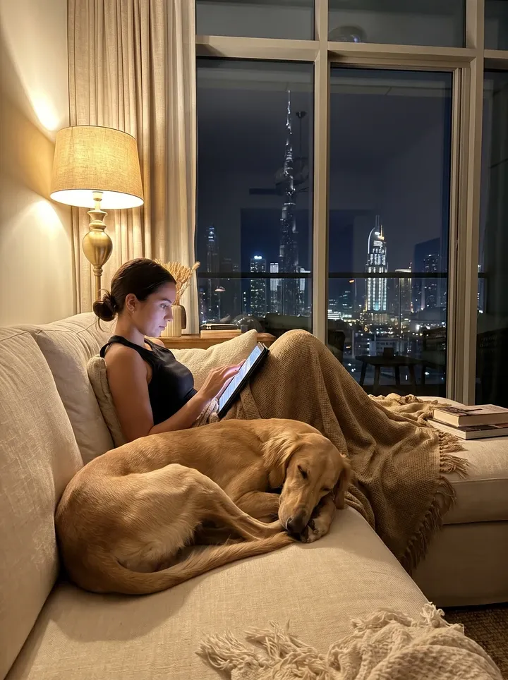 Saluki in Dubai, asleep on the sofa beside a pet parent reading a tablet at night, the skyline behind