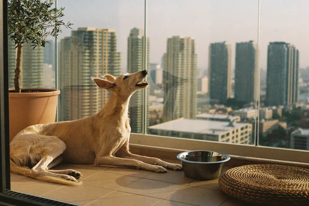 Saluki history, the breed today, a fawn adult lying on a Dubai balcony beside a water bowl