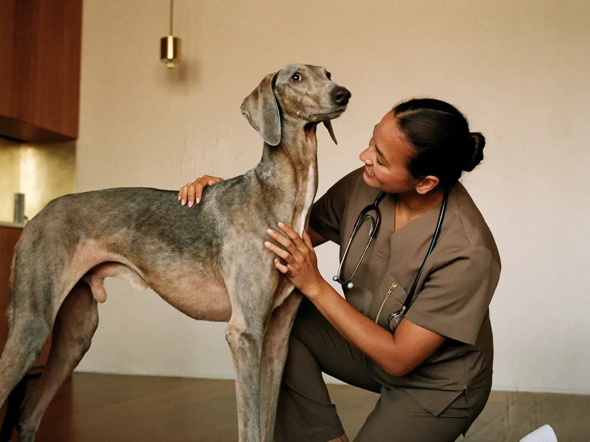 Saluki, a grizzle adult standing as a vet in taupe scrubs kneels alongside, a hand on the dog's chest