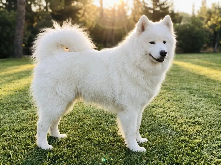 Samoyed, a white adult standing on a sunny garden lawn, tail curled over the back