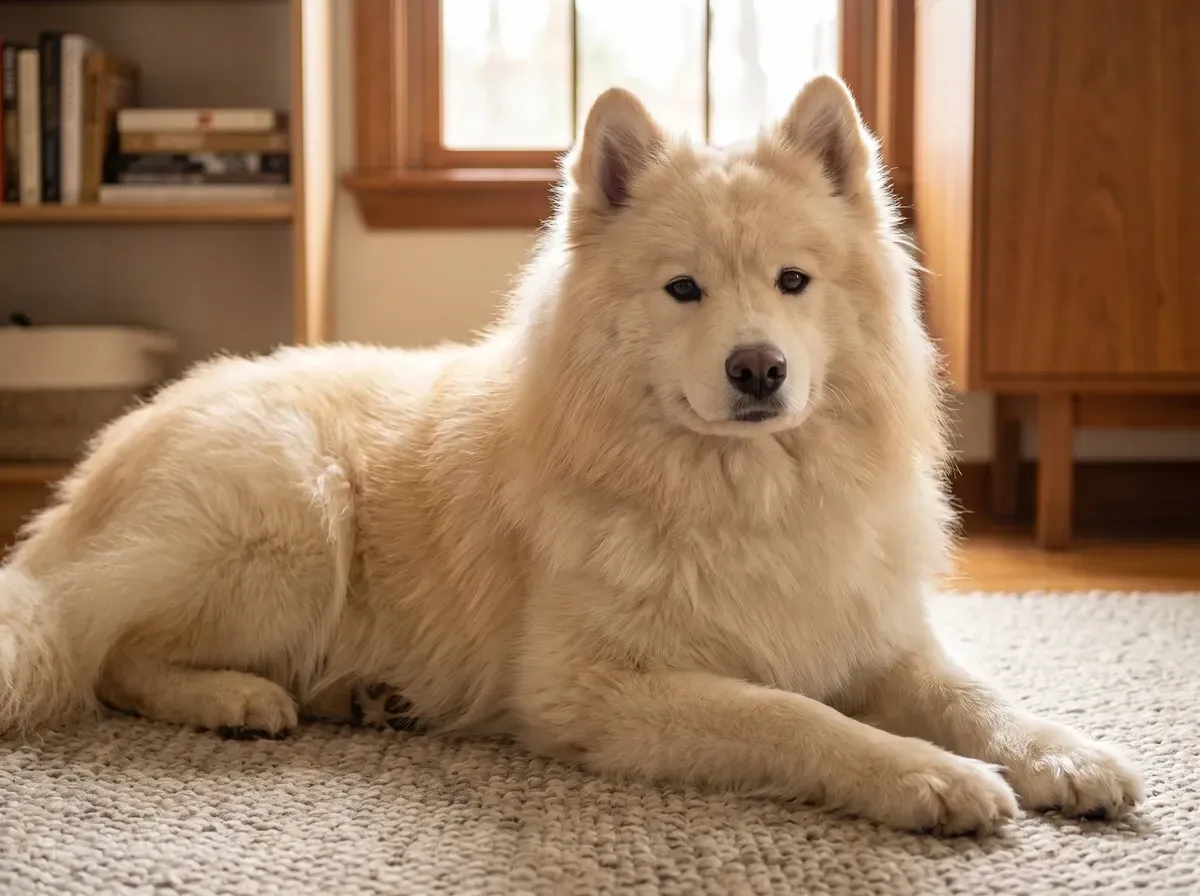 Samoyed, a biscuit adult lying on a stone-coloured wool rug in a quiet study