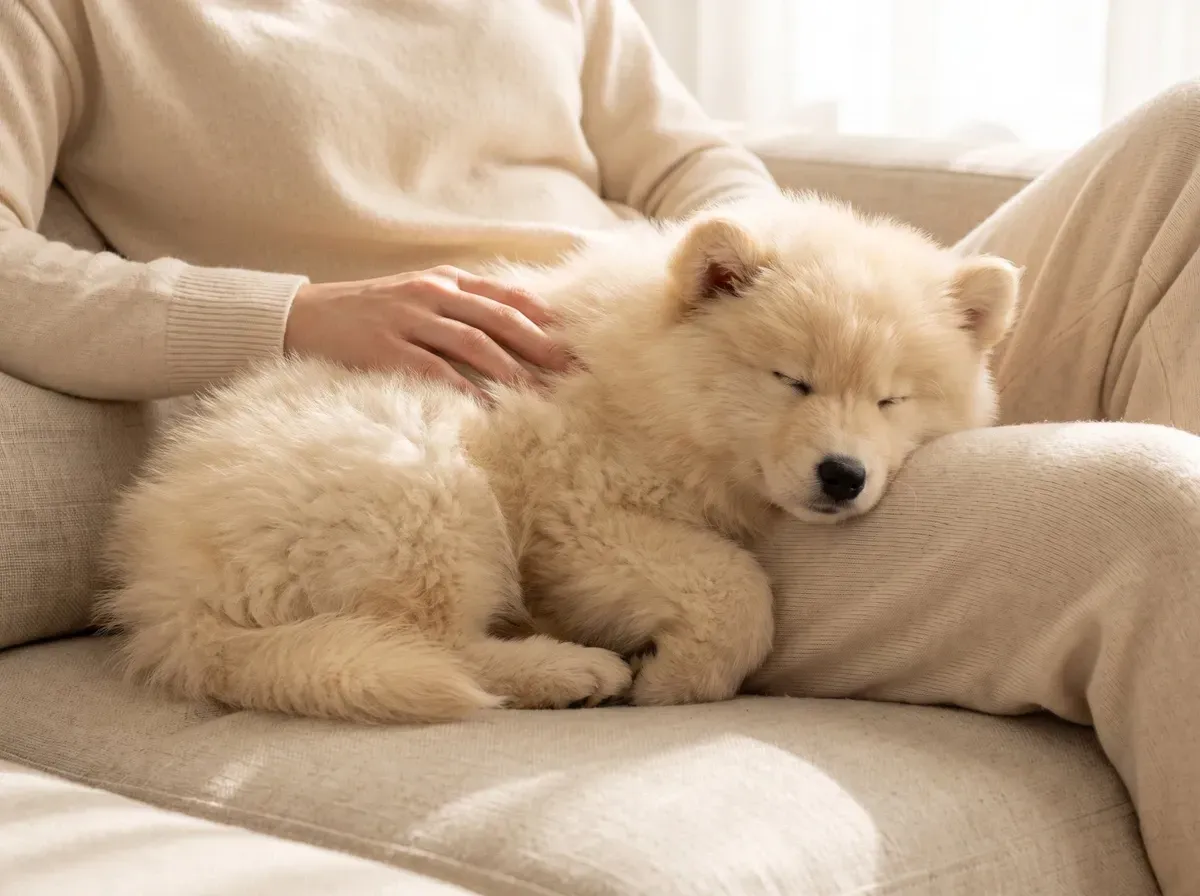 Samoyed, a cream puppy asleep in a pet parent's lap on a linen sofa