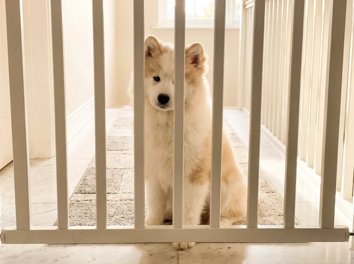 Samoyed, a white and biscuit puppy sitting behind a baby gate in a marble corridor