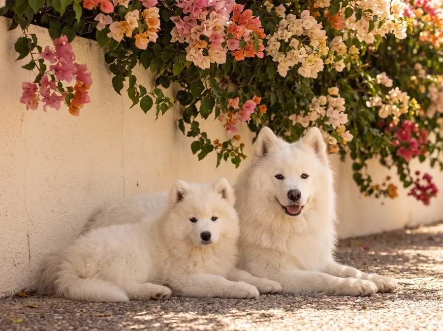 Samoyed, a white mother and puppy lying in the shade of a wall hung with bougainvillea