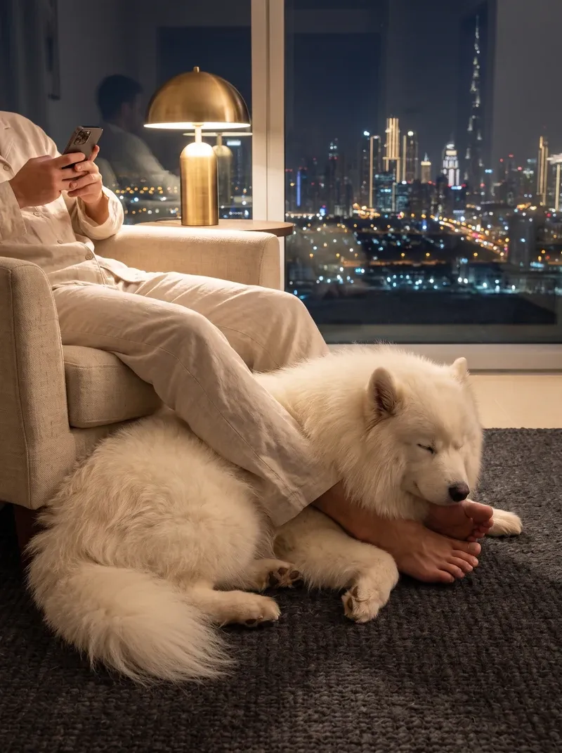 Samoyed in Dubai, asleep across a pet parent's feet on a dark rug at night, the skyline behind