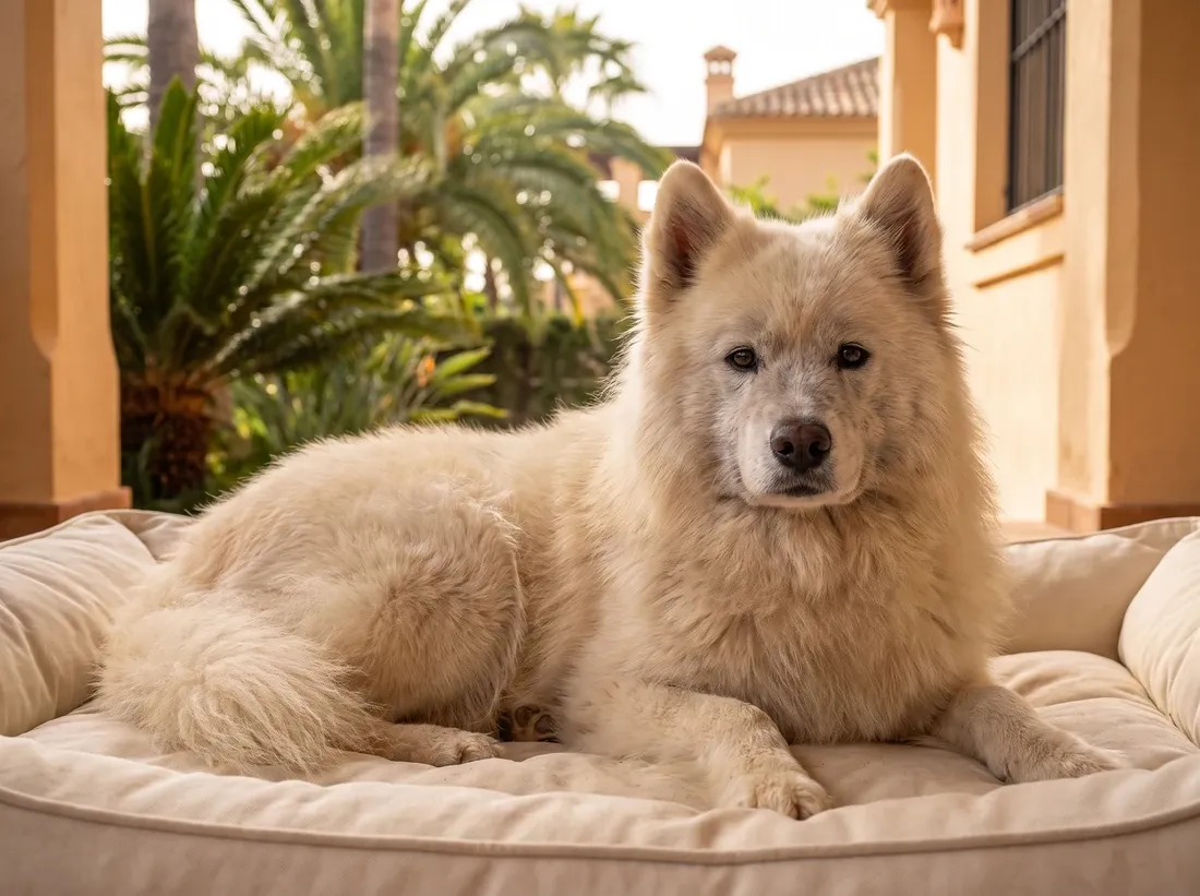 Samoyed in Dubai, an older cream dog resting on a padded bed on a shaded terrace, palms behind