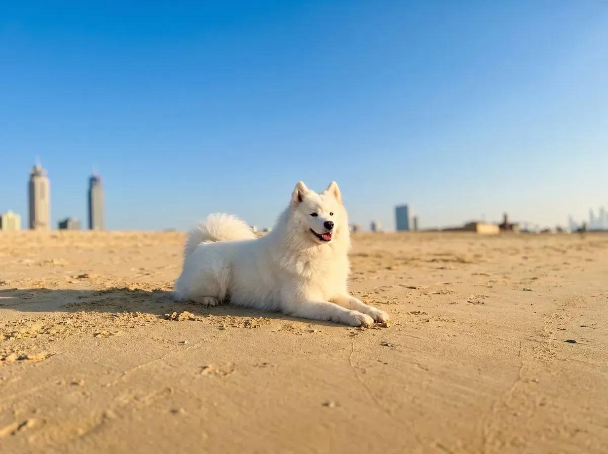Samoyed history, the breed today, a white adult lying on a Dubai beach in the morning, the skyline behind