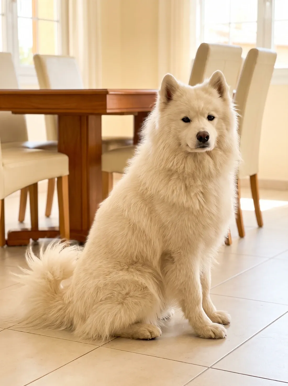 Samoyed, the same white adult sitting on a cool tiled floor in a bright dining room