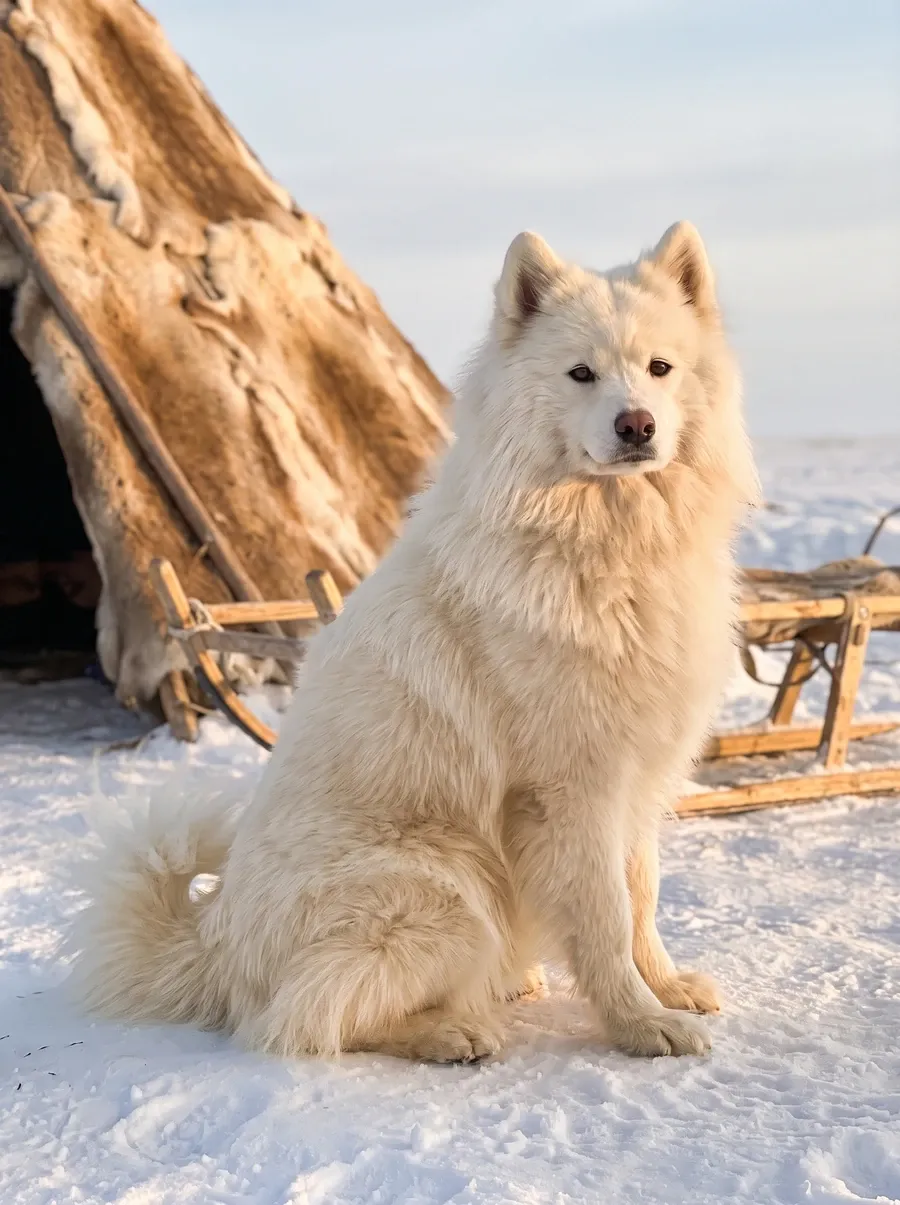 Samoyed, a white adult sitting on snow beside a wooden sledge