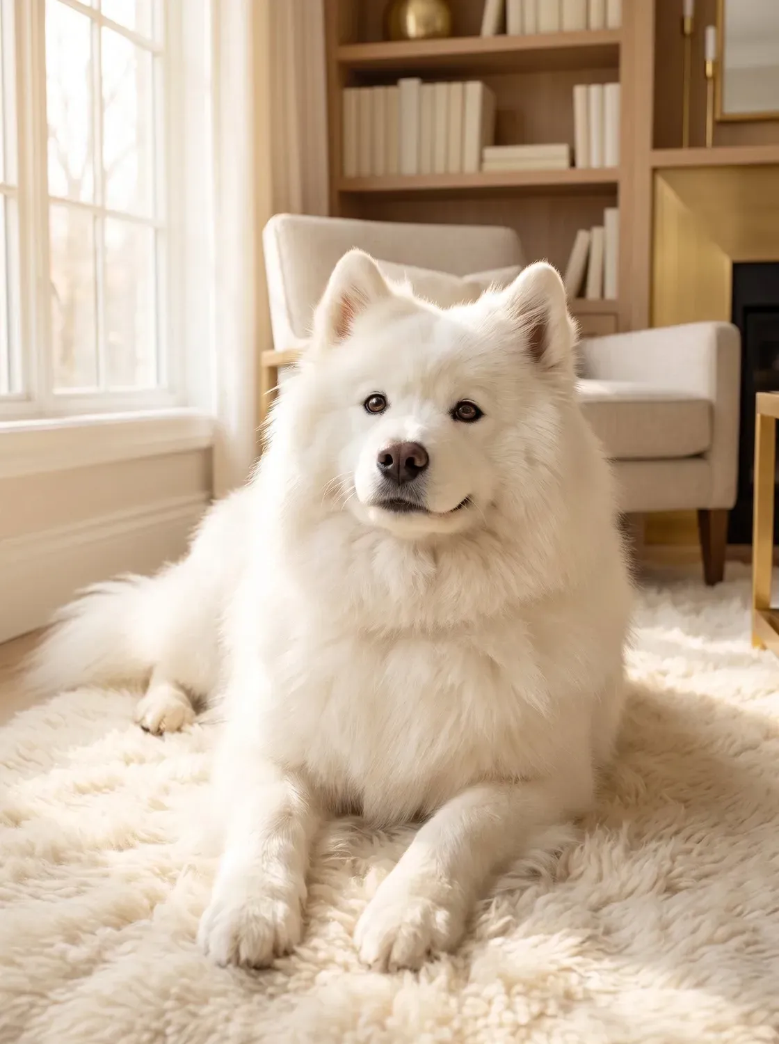 Samoyed, a white adult lying on a fluffy rug in a reading nook, looking up with a soft smile