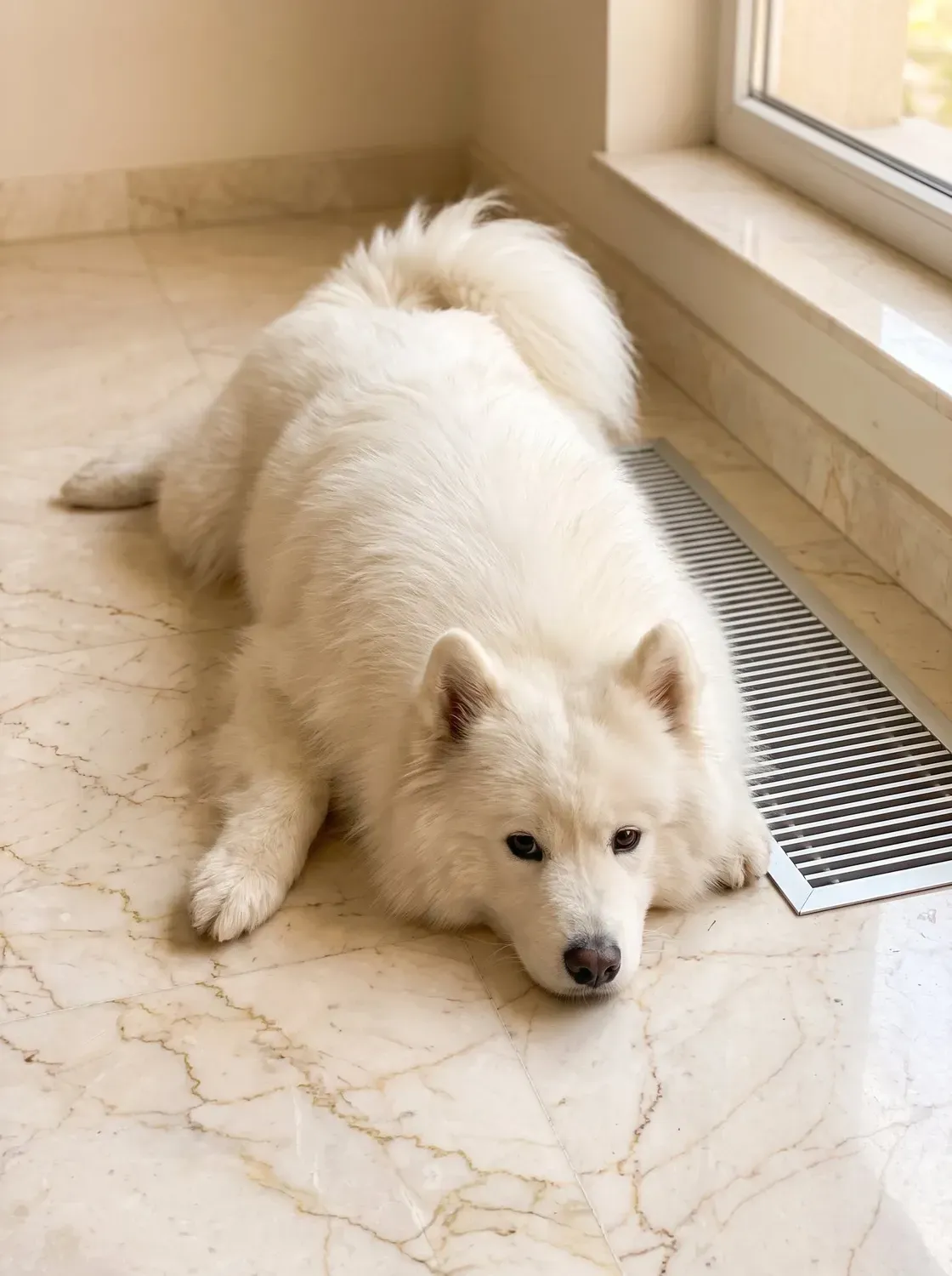 Samoyed, a cream adult stretched out on cool marble beside an air-conditioning grille