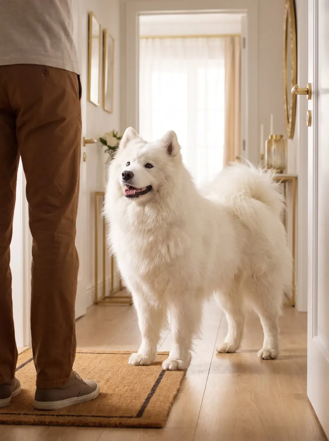 Samoyed, a white adult greeting a guest at the open front door of a bright flat