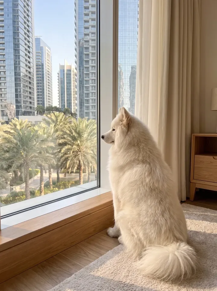 Samoyed in Dubai, a cream adult sitting alone at a tall window, looking out at towers and palms