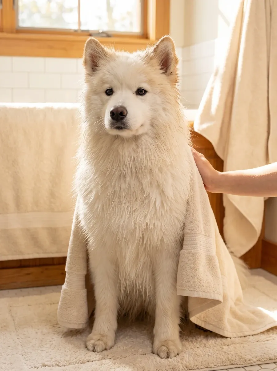 Samoyed, a damp white adult sitting on a bath mat while a pet parent dries the dog with a towel