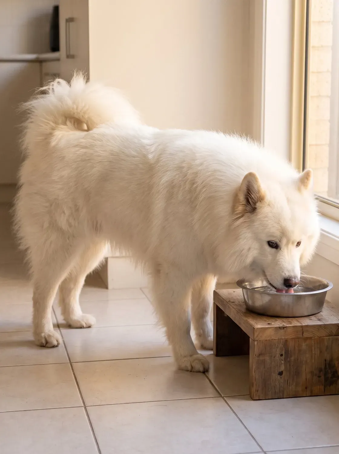 Samoyed, a white adult drinking from a steel bowl on a timber stand in a tiled kitchen