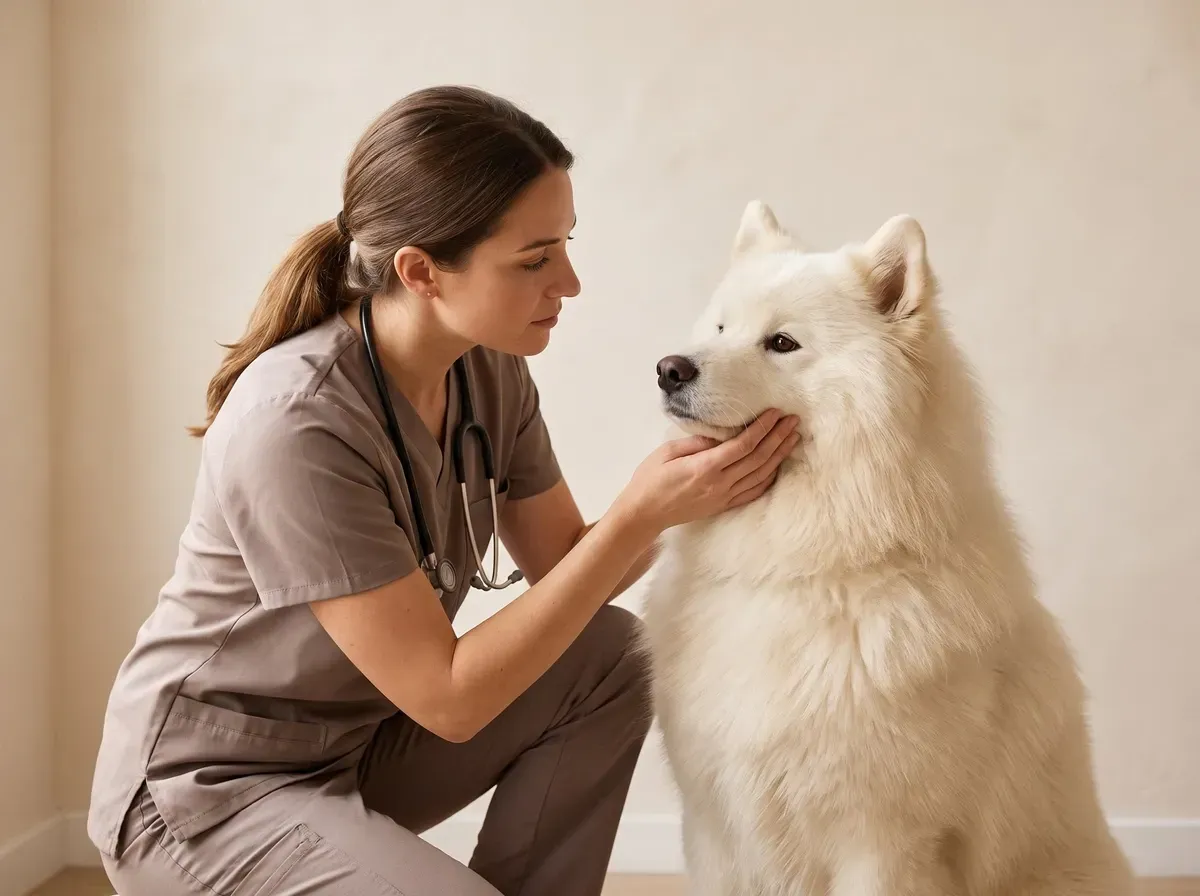 Samoyed, a white adult with a vet in taupe scrubs kneeling alongside, a hand under the dog's chin