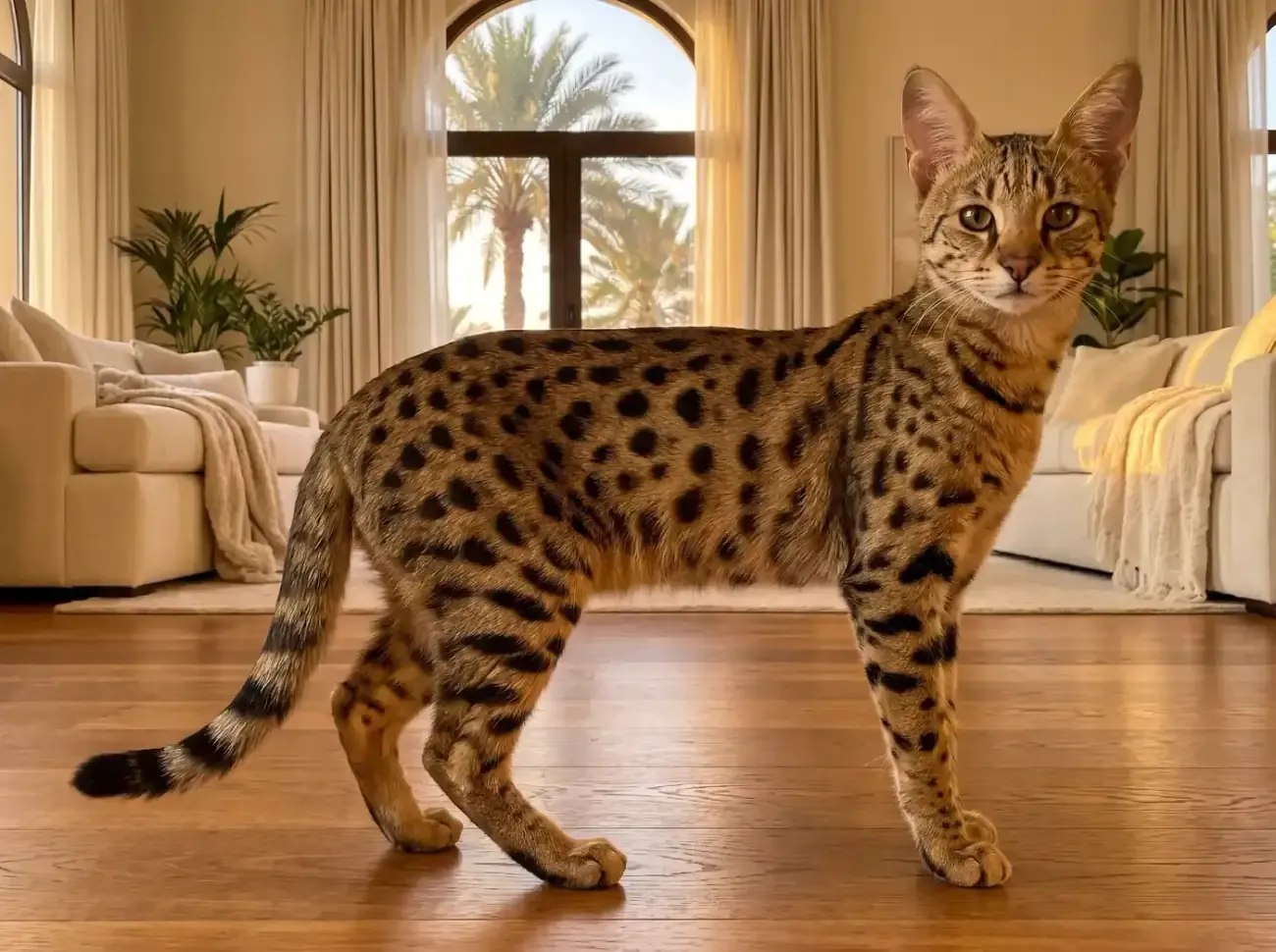Savannah in Dubai, a young brown spotted cat standing tall on a timber floor, palms through the window