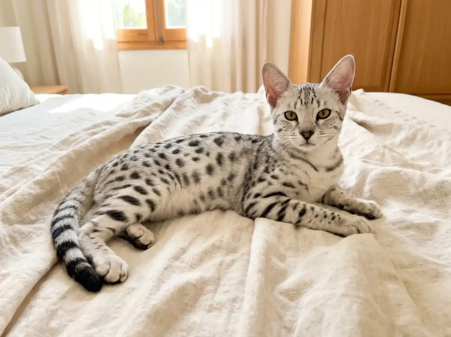 Savannah, a silver spotted kitten lying on a cream linen throw on a bed