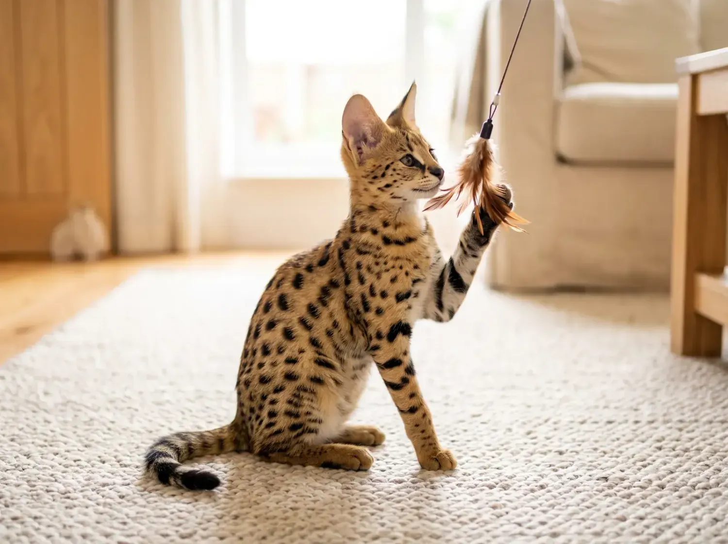 Savannah, a brown spotted kitten batting at a feather wand toy on a wool rug