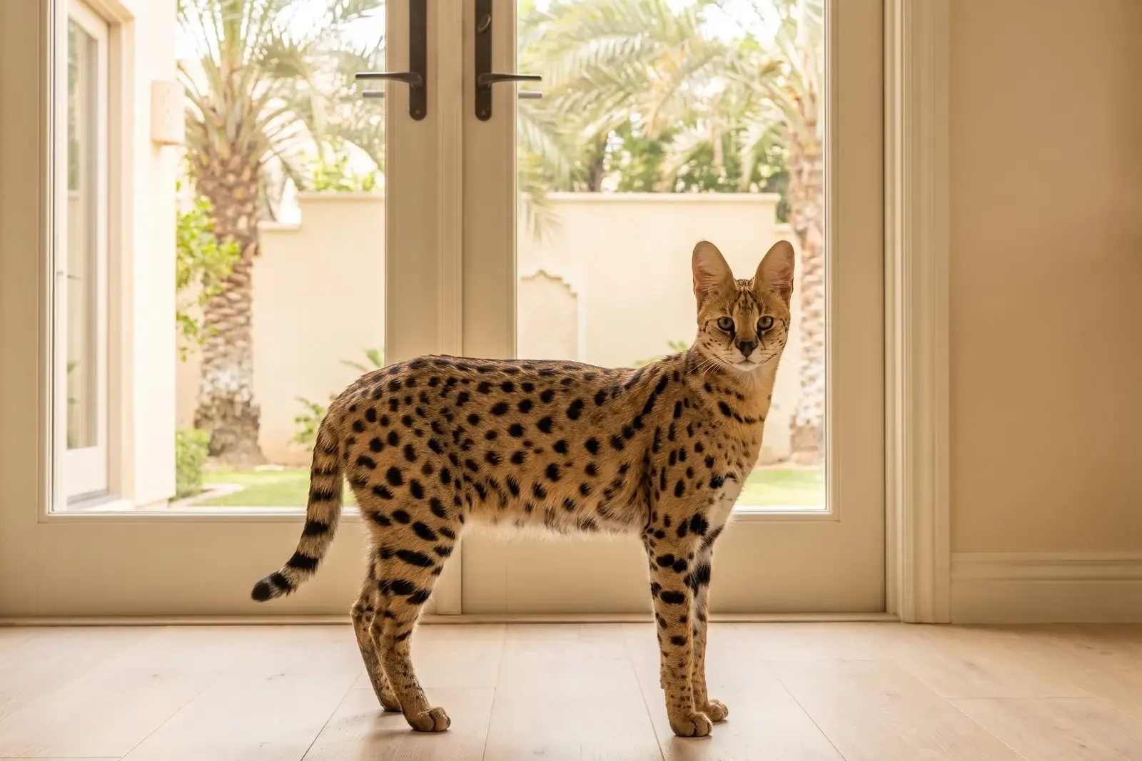 Savannah history, the breed today, a brown spotted adult by glass garden doors, Dubai, 2026