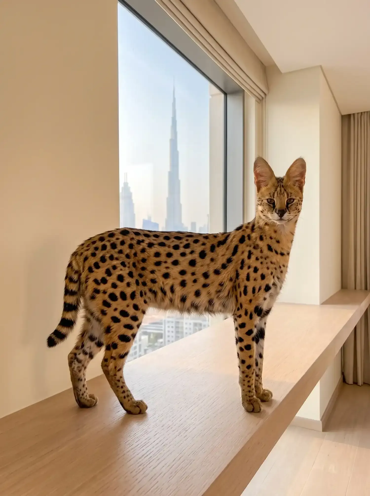 Savannah in Dubai, a brown spotted adult standing on a high timber shelf, the Burj Khalifa outside