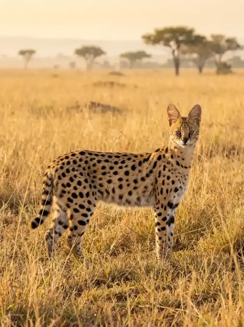 Savannah ancestor, a serval standing side-on in tall golden grass, acacia trees behind