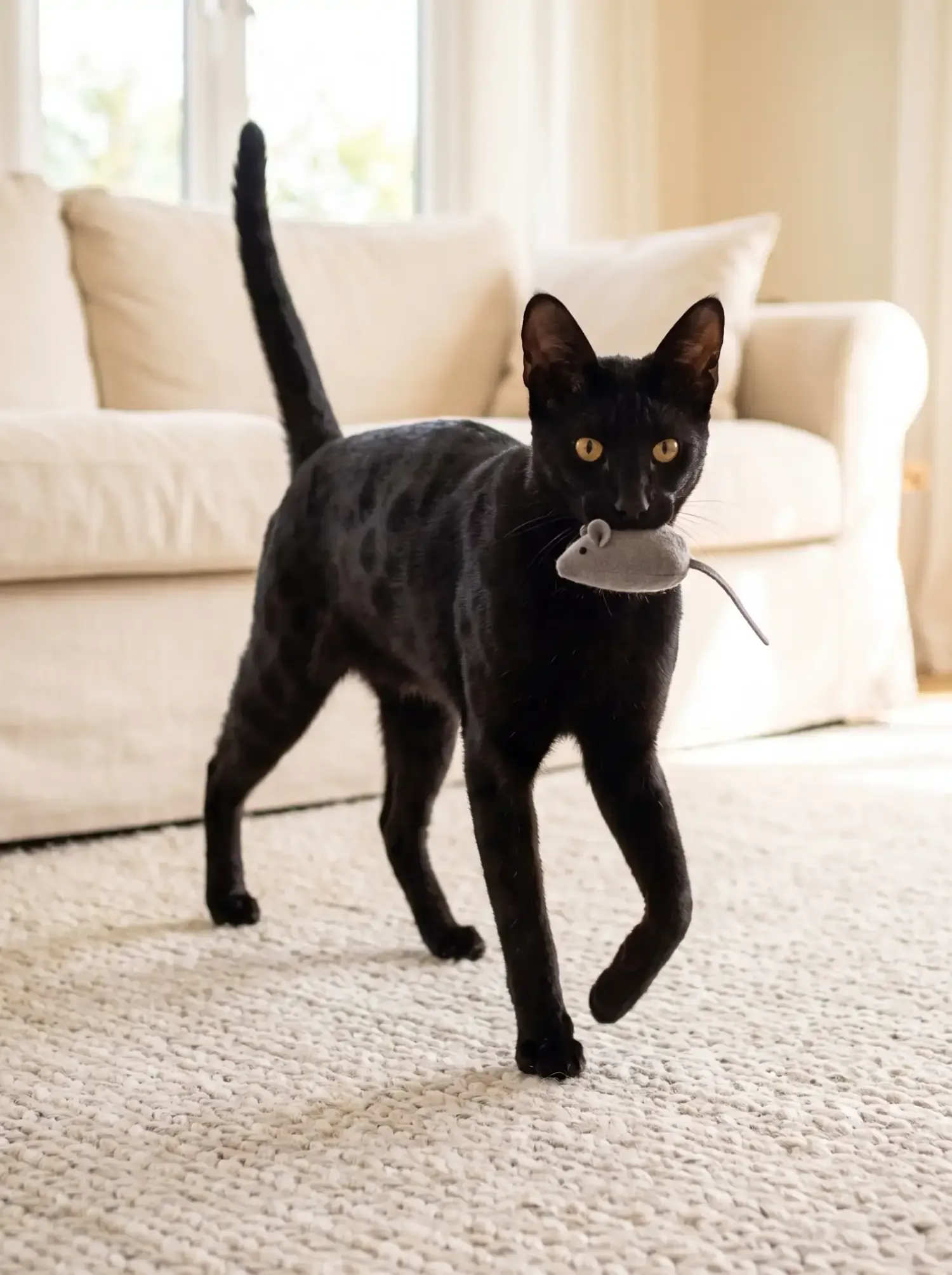 Savannah, a black adult trotting across a wool rug with a toy mouse in its mouth
