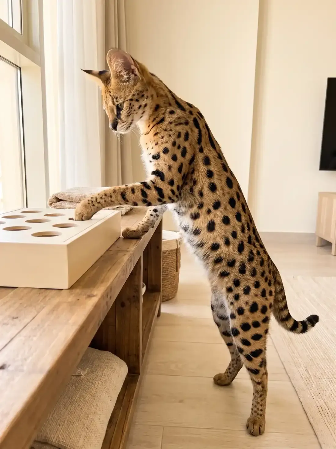 Savannah, a brown spotted adult on hind legs, reaching a paw into a wooden puzzle feeder