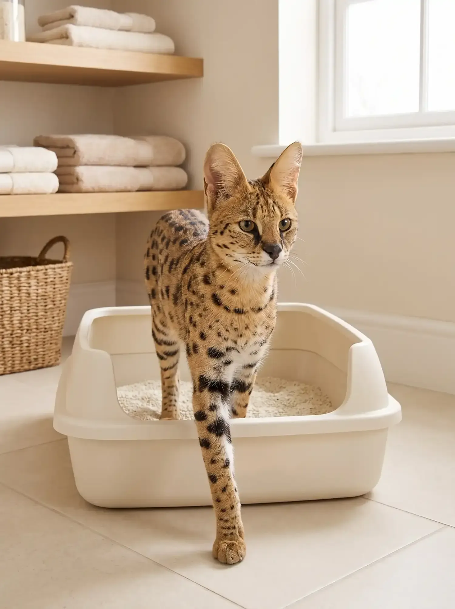 Savannah, a brown spotted adult stepping out of a large litter tray in a tidy utility room