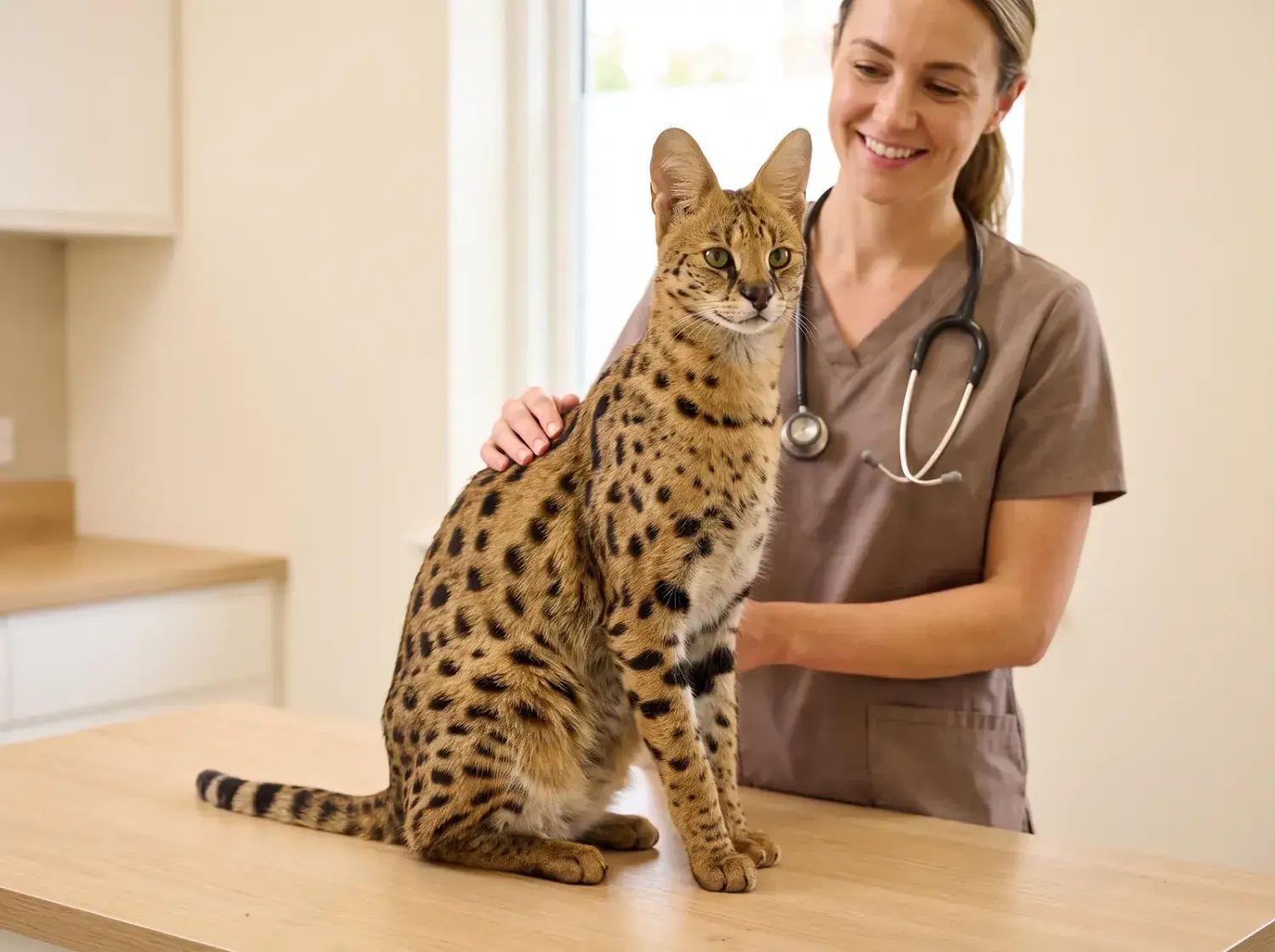 Savannah, a tall brown spotted cat on a consultation table, a smiling vet in taupe scrubs beside it