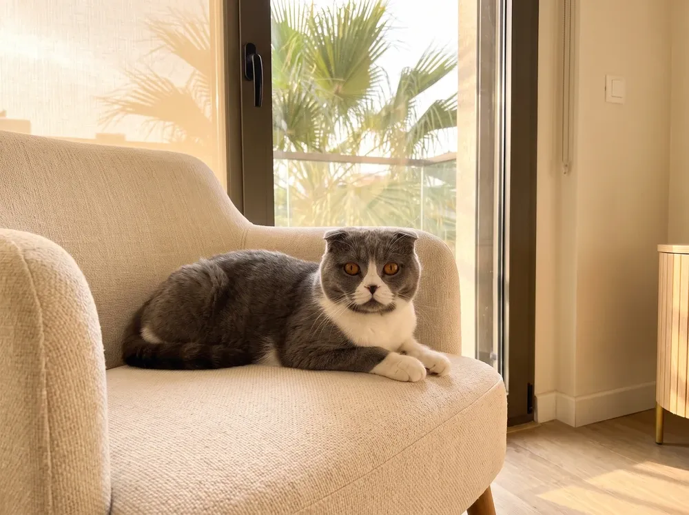 Scottish Fold in Dubai, a blue and white cat lying on a cream armchair, palms past the balcony door