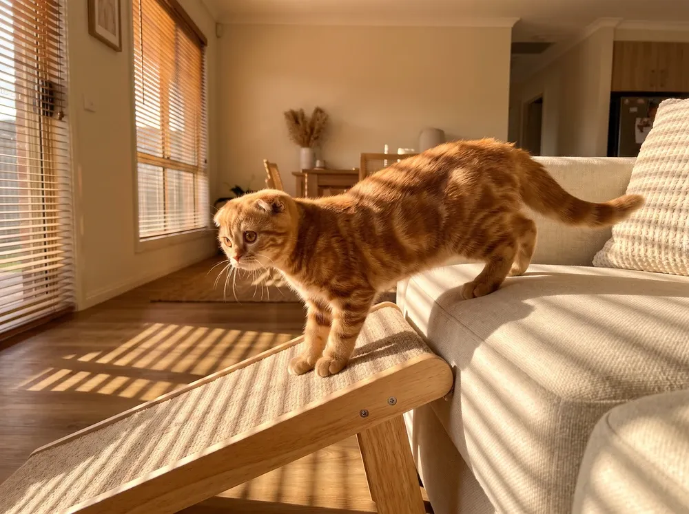 Scottish Fold, a red tabby kitten stepping from a sofa onto a low timber ramp