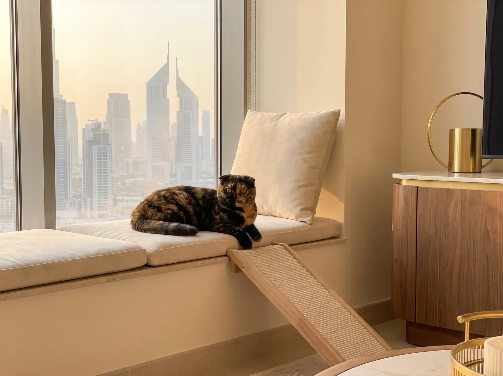 Scottish Fold in Dubai, a tortoiseshell on a cushioned window seat at the top of a cat ramp, skyline behind