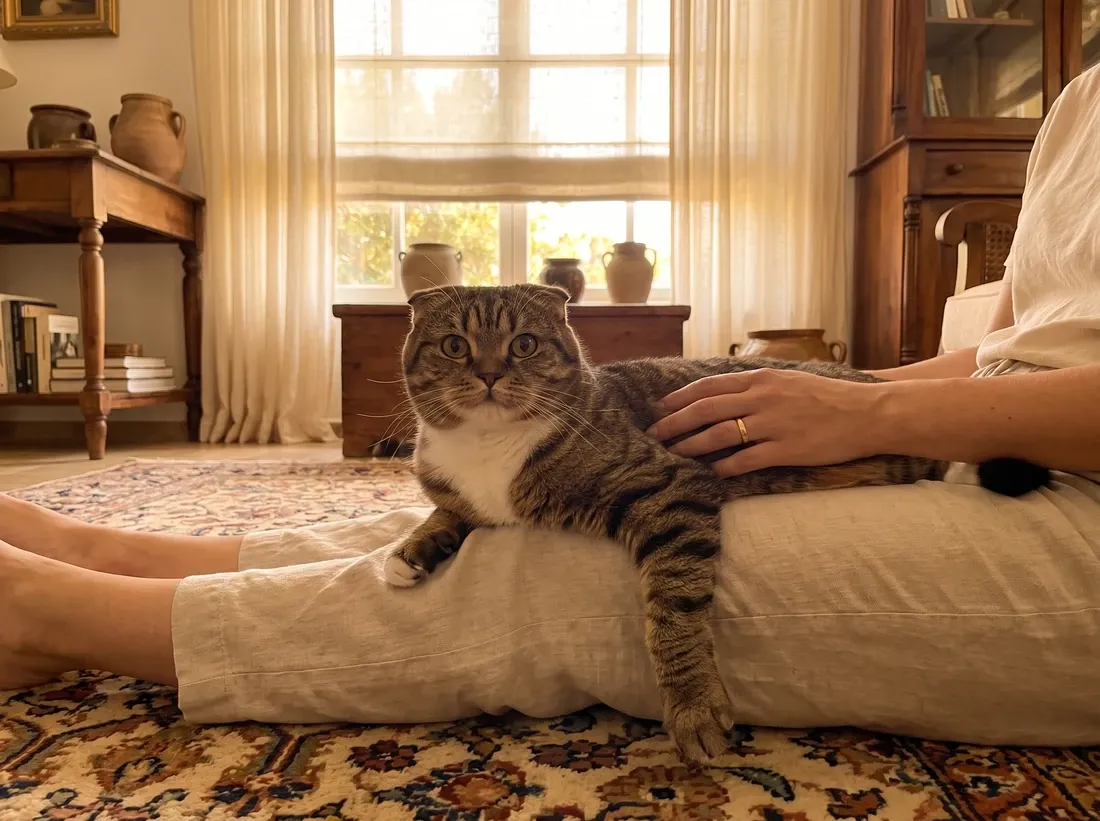 Scottish Fold, a brown tabby lying across a pet parent's lap on a patterned rug