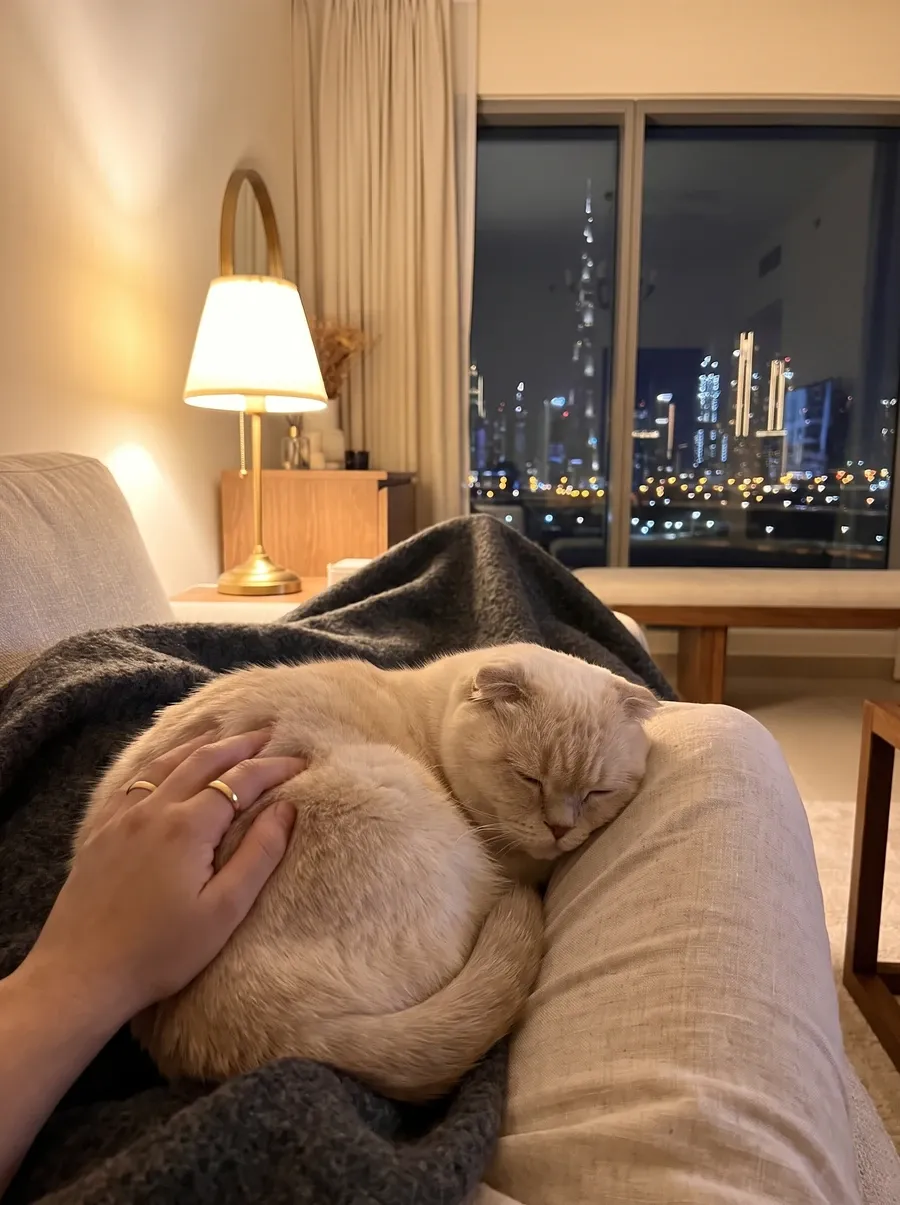 Scottish Fold in Dubai, a cream cat asleep against a pet parent's knee at night, the skyline behind