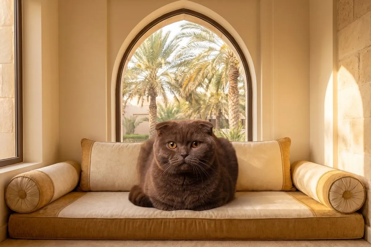 Scottish Fold history, a chocolate adult lying on a majlis cushion, date palms through an arched window