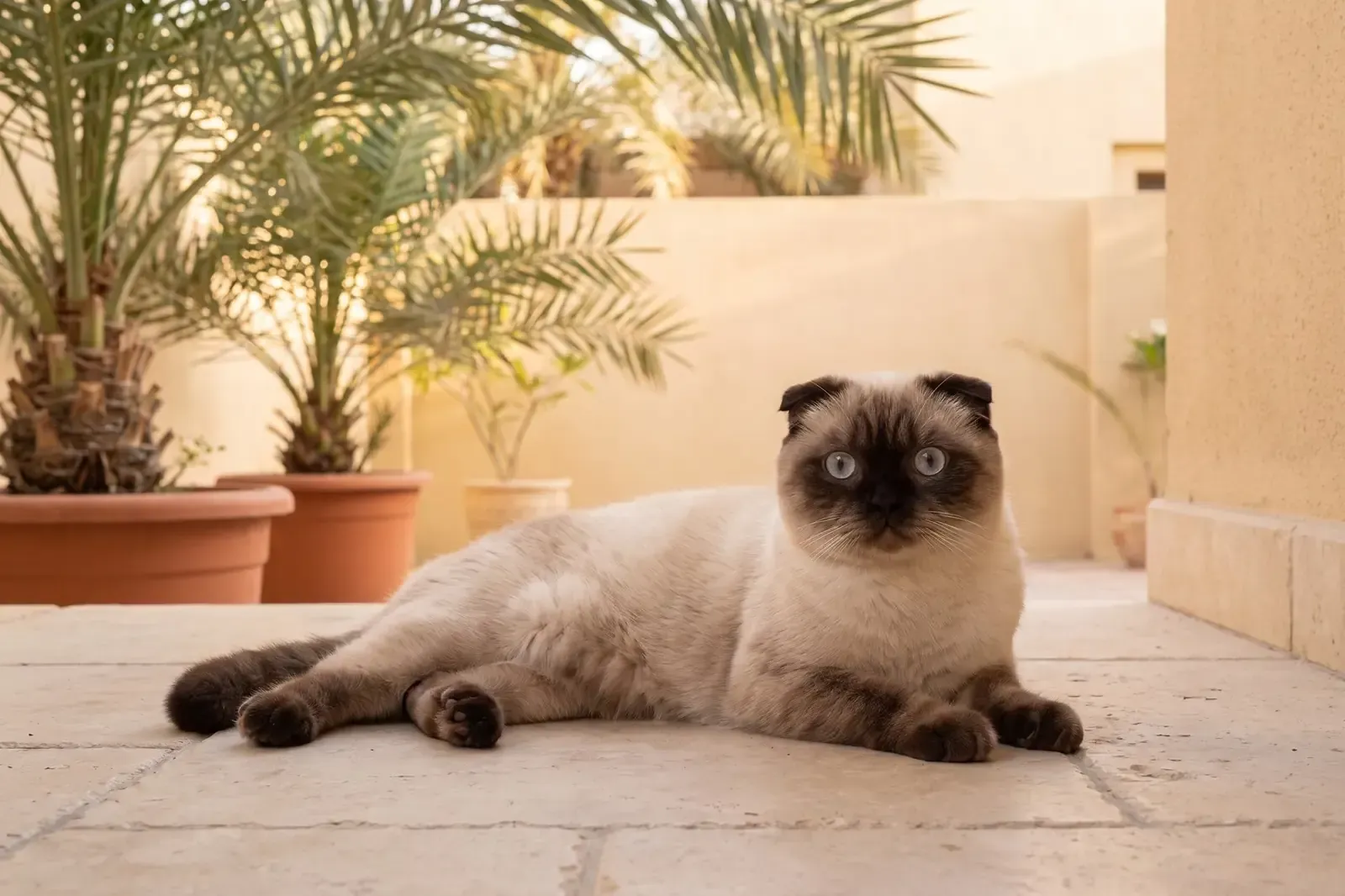 Scottish Fold history, a seal colourpoint adult lying on a shaded villa terrace among potted palms
