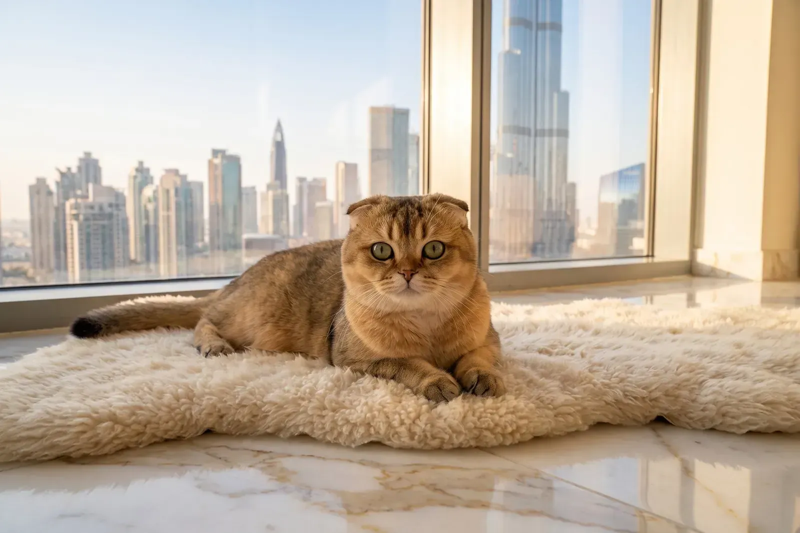 Scottish Fold history, a golden shaded adult lying on a rug by a window, the city skyline behind