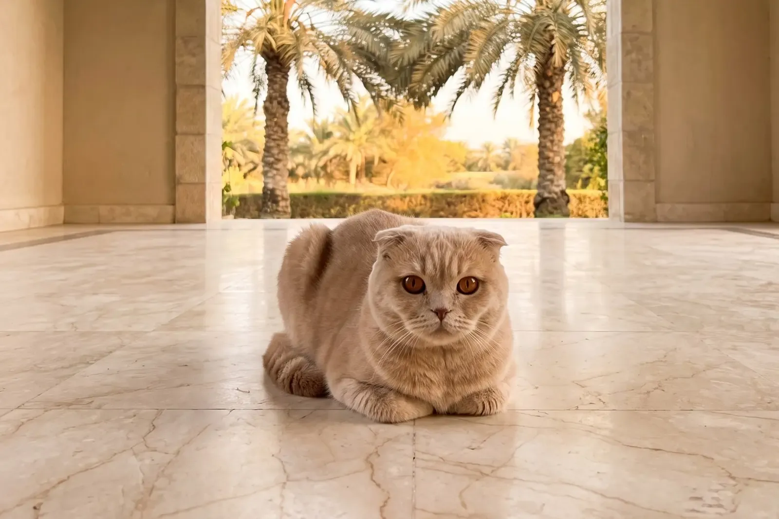 Scottish Fold history, the breed today, a cream adult under a villa arch, Dubai, 2026