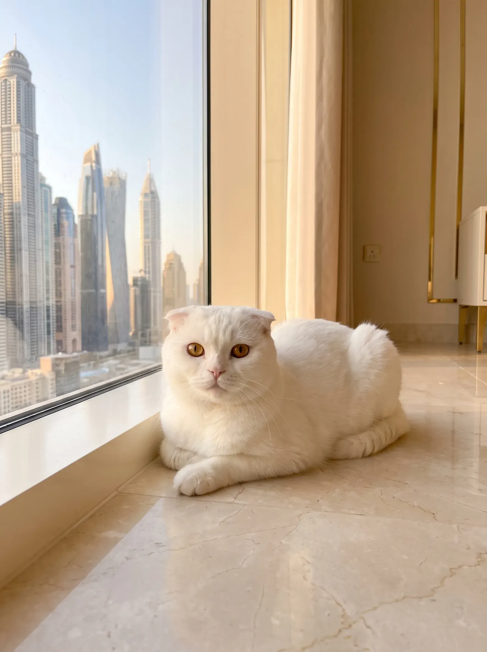 Scottish Fold in Dubai, a white cat lying on cool marble by a tall window, the skyline behind