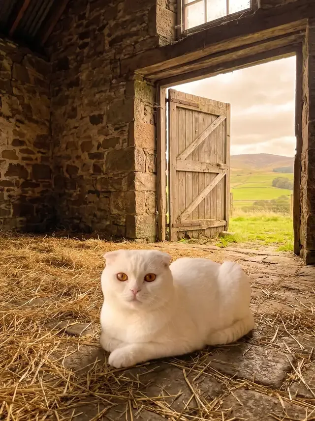 Scottish Fold, a white cat lying on straw in an old stone barn, Scottish fields beyond