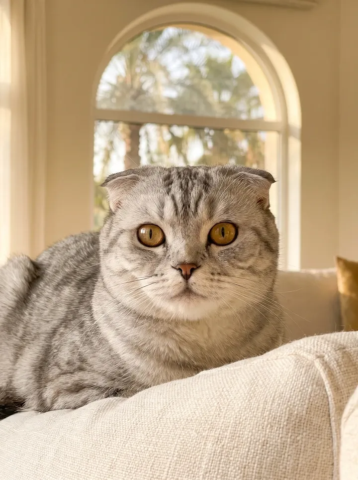Scottish Fold in Dubai, close view of a silver tabby's folded ears and amber eyes, palms through an arched window