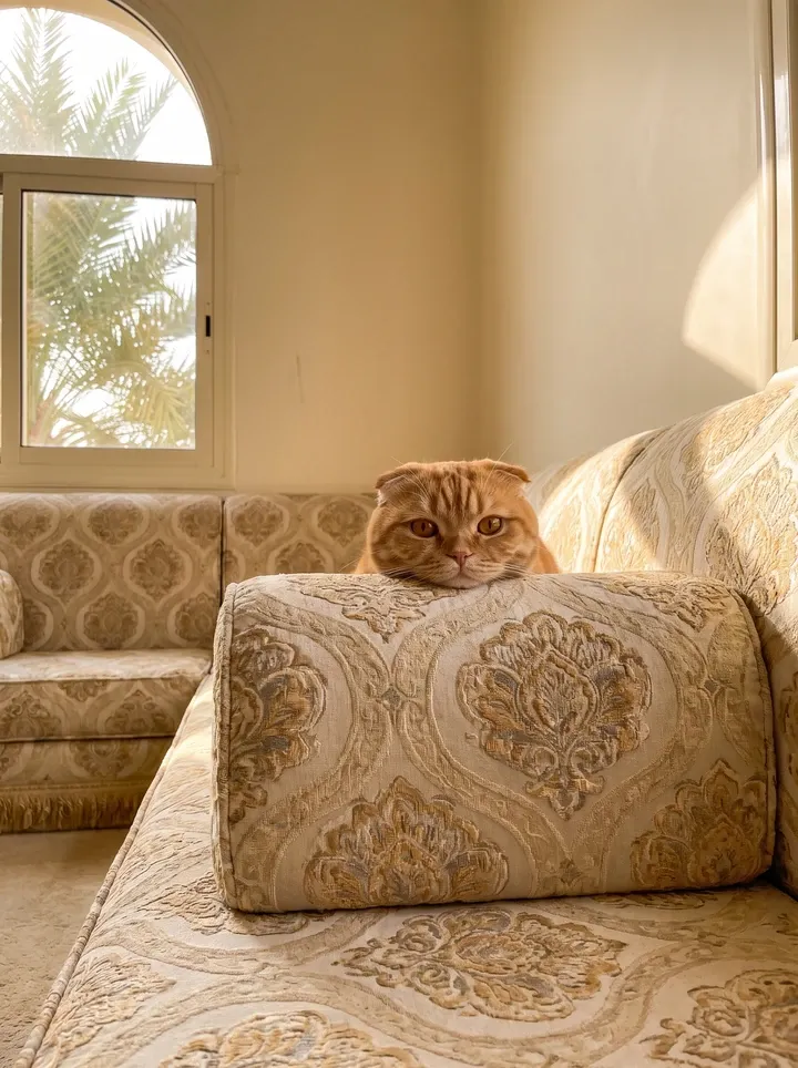 Scottish Fold in Dubai, a red tabby resting on a majlis sofa cushion, palms through an arched window