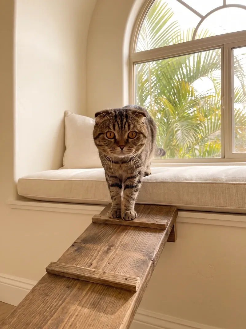 Scottish Fold in Dubai, a brown tabby stepping onto a timber ramp from a window seat, palms outside