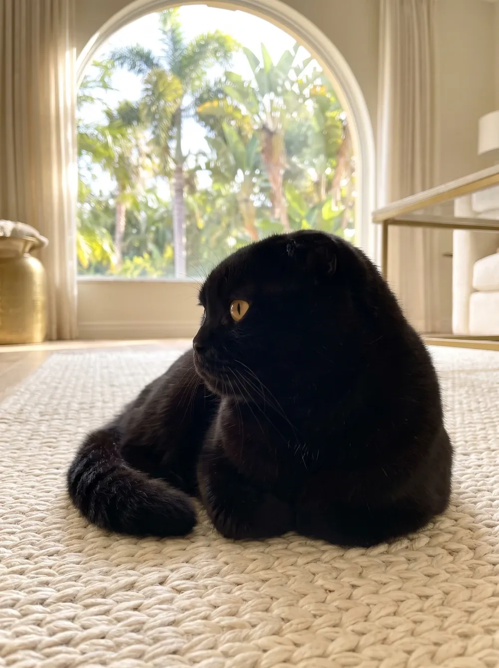 Scottish Fold in Dubai, a black cat lying on a woven rug, tail curled beside them, palms through the window