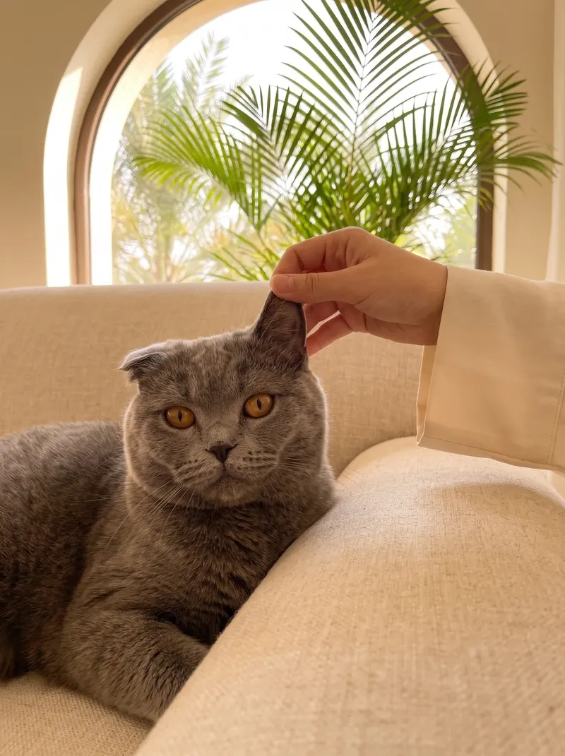 Scottish Fold in Dubai, a hand gently lifting a blue-grey cat's folded ear on a sofa, a potted palm behind