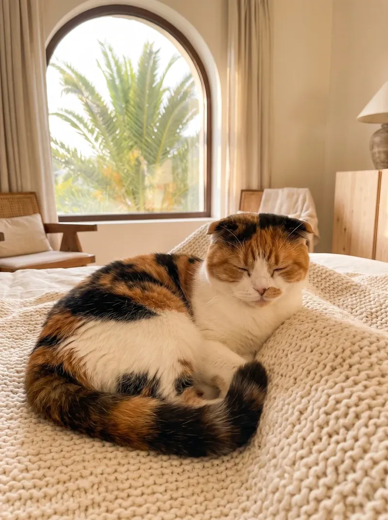 Scottish Fold in Dubai, a calico asleep on a cream knitted blanket, palms through an arched window