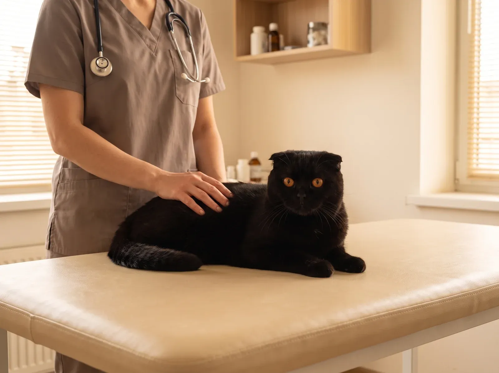 Scottish Fold, a black cat lying on a padded table, a vet in taupe scrubs with a hand on their back